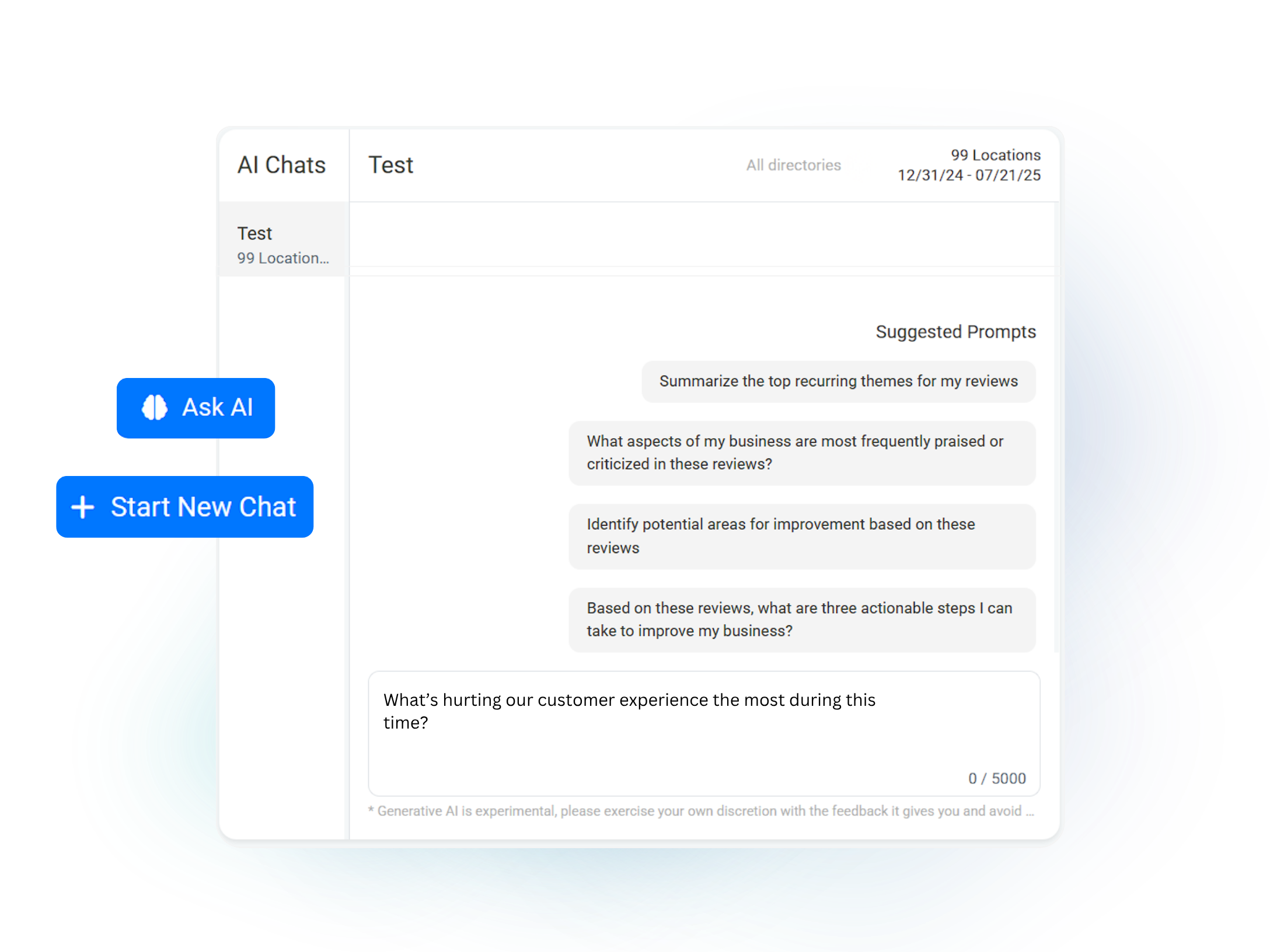 Consumer Fusion Ask AI chat showing suggested prompts for analyzing review feedback