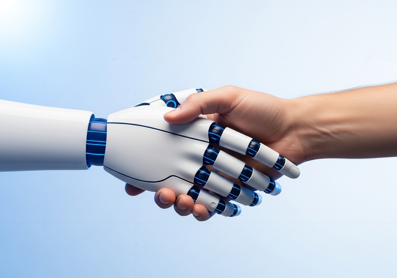 A human hand and a robot hand reaching toward each other in partnership
