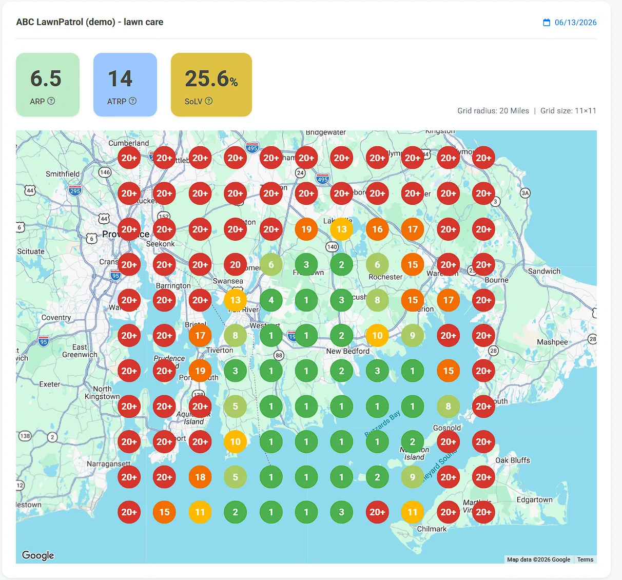Consumer Fusion Geo-Grid Tracker showing a map of local search ranking positions across an 11 by 11 grid, with average rank and share of local voice metrics