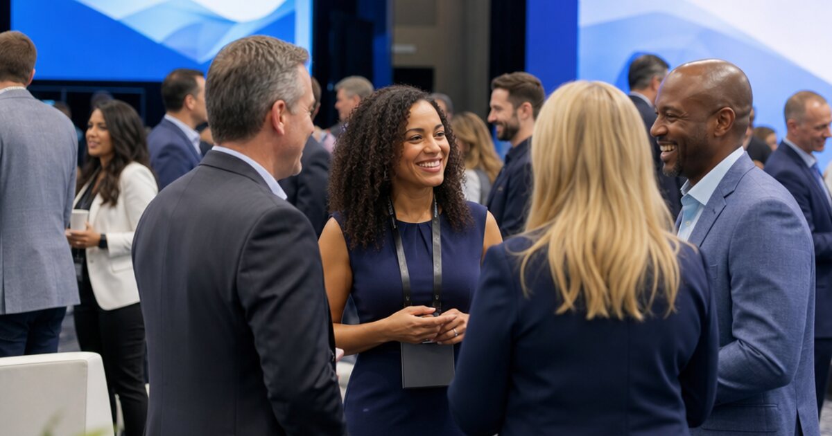 Franchise marketing professionals networking at an industry conference