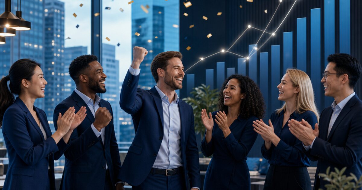 Business team celebrating a company growth milestone