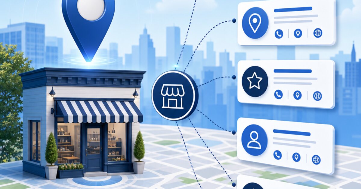 Local business listing cards connected to a neighborhood map