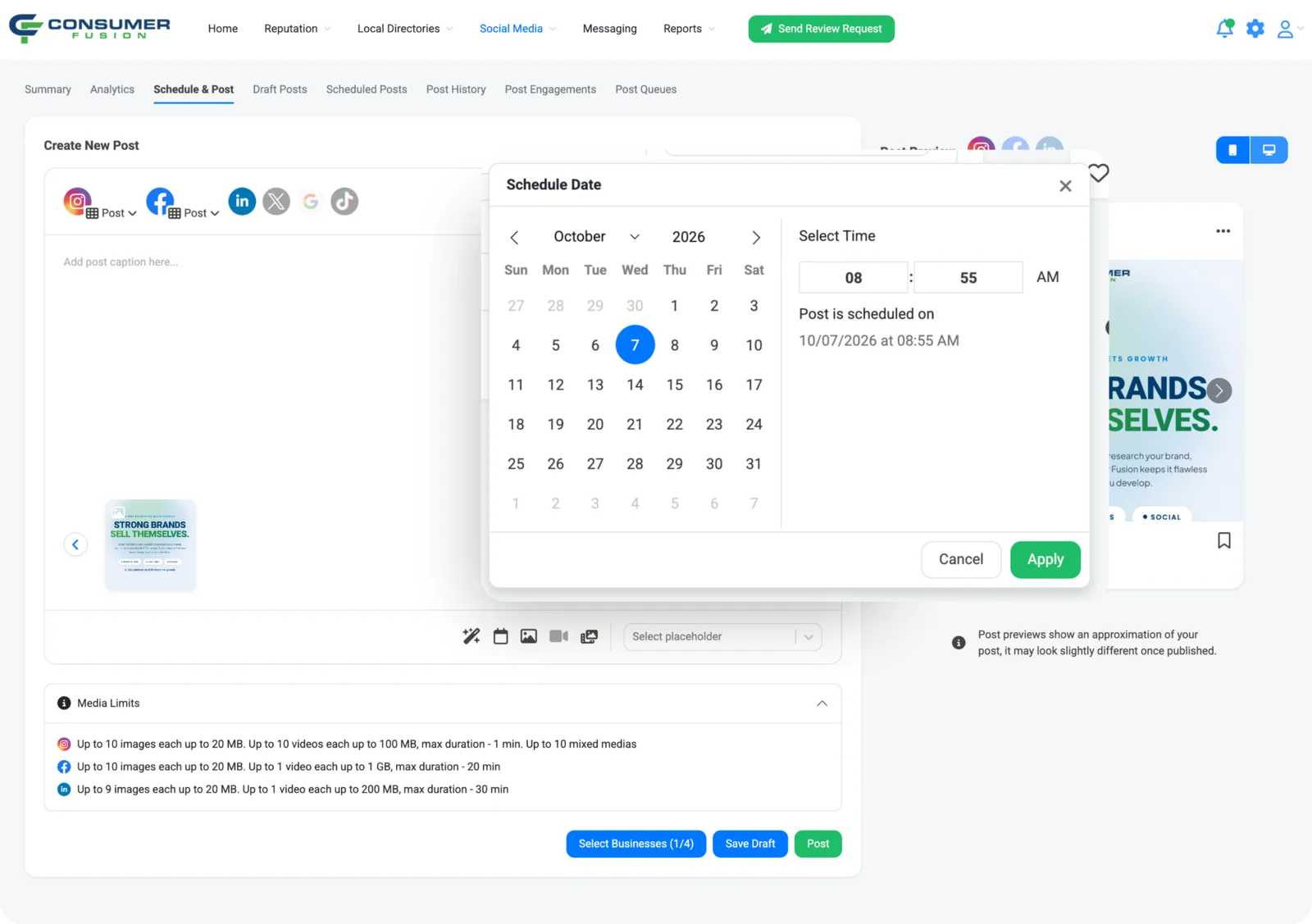 Consumer Fusion Schedule and Post screen composing one post for Instagram, Facebook, LinkedIn, X, Google and TikTok, with a schedule date picker and per-network media limits