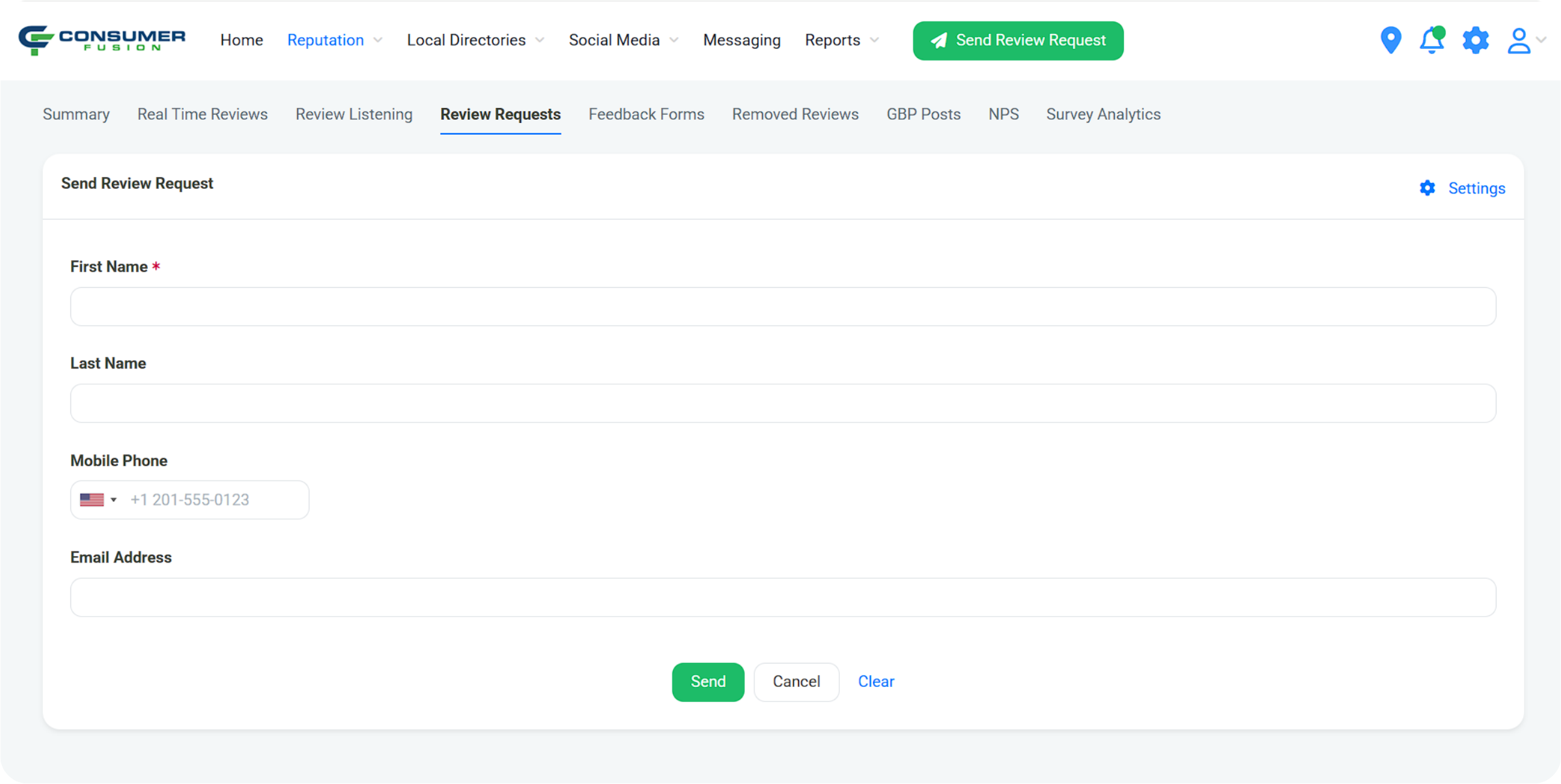 Consumer Fusion dashboard for sending a review request